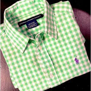 Ralph Lauren Sport Boys 6 Green White Gingham Button Up Shirt New w/o Tags!